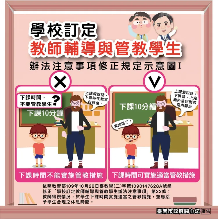 根據教師輔導與管教學生辦法，教師得視情況，於下課時間實施管教措施。台南市教育局