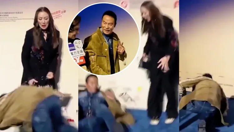 任達華在老婆琦琦面前摔倒，眼鏡都飛掉了，他起身後比YA表示沒事。翻攝華星娛樂小紅書