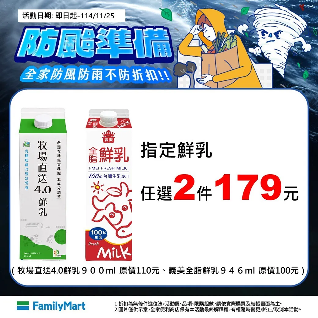 因应防台准备，超商推出指定鲜乳任选2件179元等优惠。全家提供