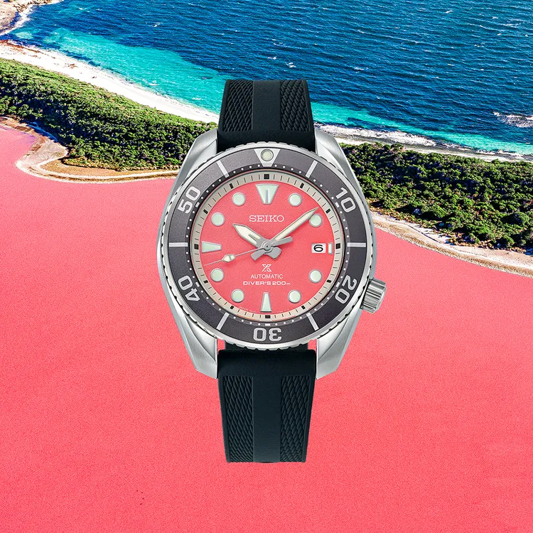 Seiko Prospex SPB541J1以澳洲粉紅湖為設計靈感，2萬8500元。品牌提供