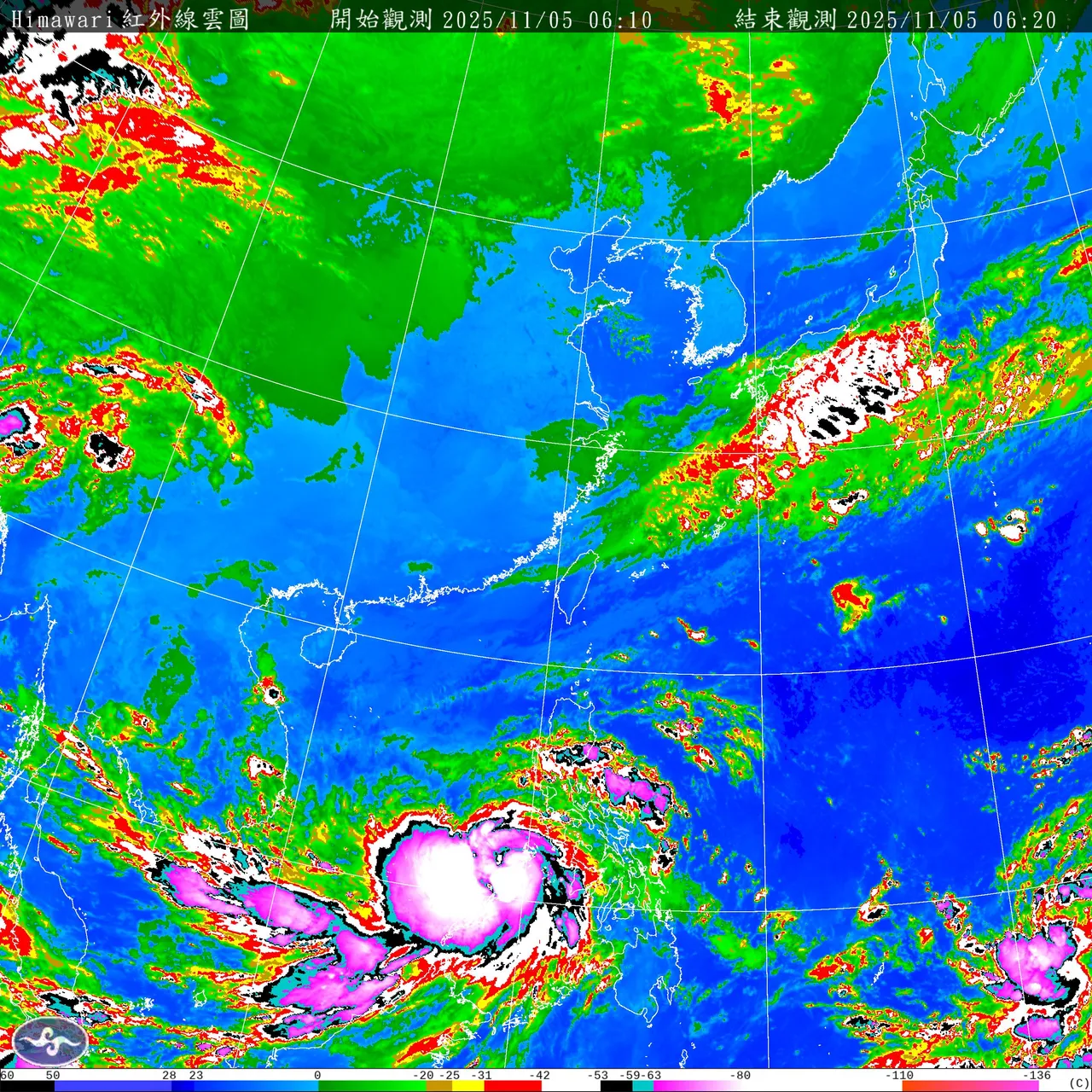 今晨卫星云图可见，台湾南方的台风「海鸥」和东南方的热带性低气压TD-29。中央气象署