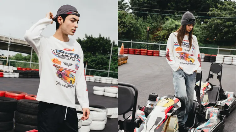 藉由洗舊刷色工藝，讓聯名印花在復古質感中散發濃厚競速魂魄。品牌提供