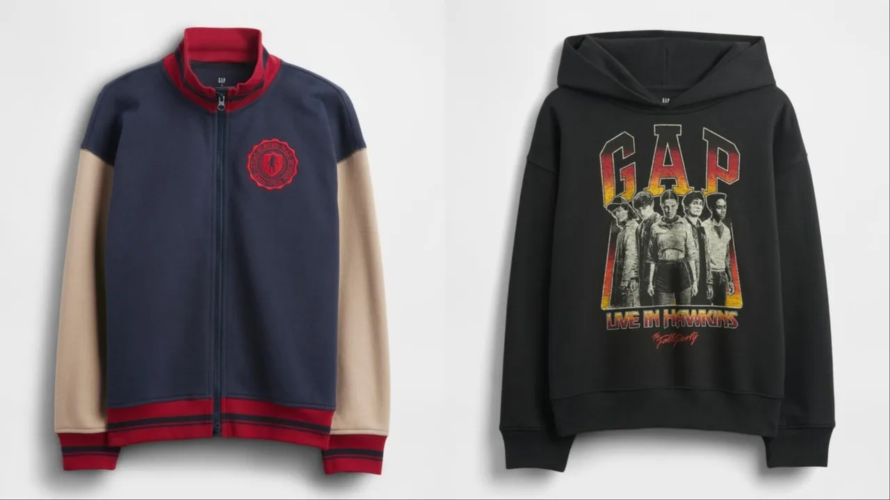 Gap怪奇物语联名系列幼童拚色外套（左）1999元、幼童连帽上衣（右）1499元。品牌提供
