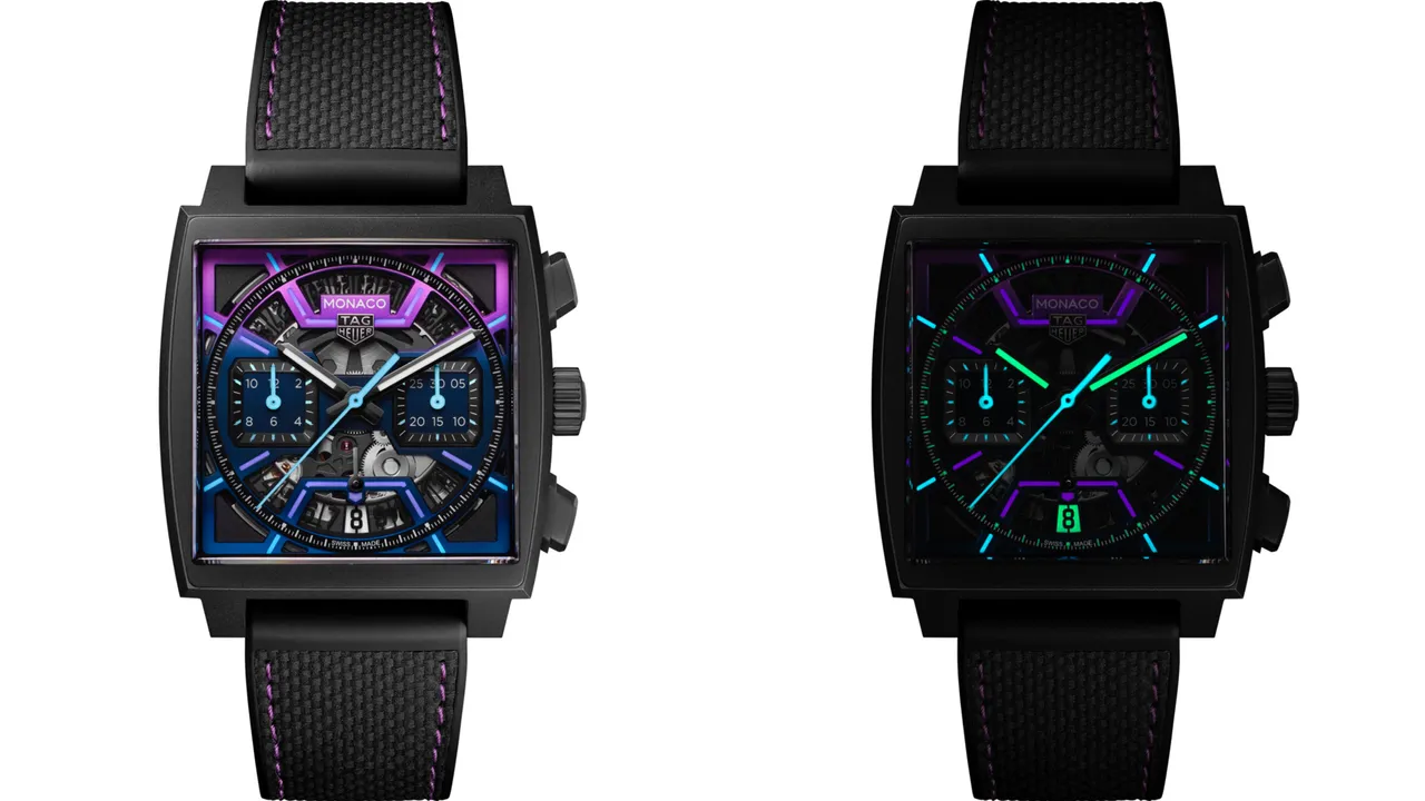 TAG Heuer Monaco镂空计时腕表「电光紫」限量版。品牌提供