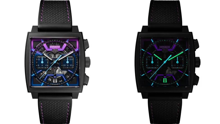 TAG Heuer Monaco鏤空計時腕錶「電光紫」限量版。品牌提供