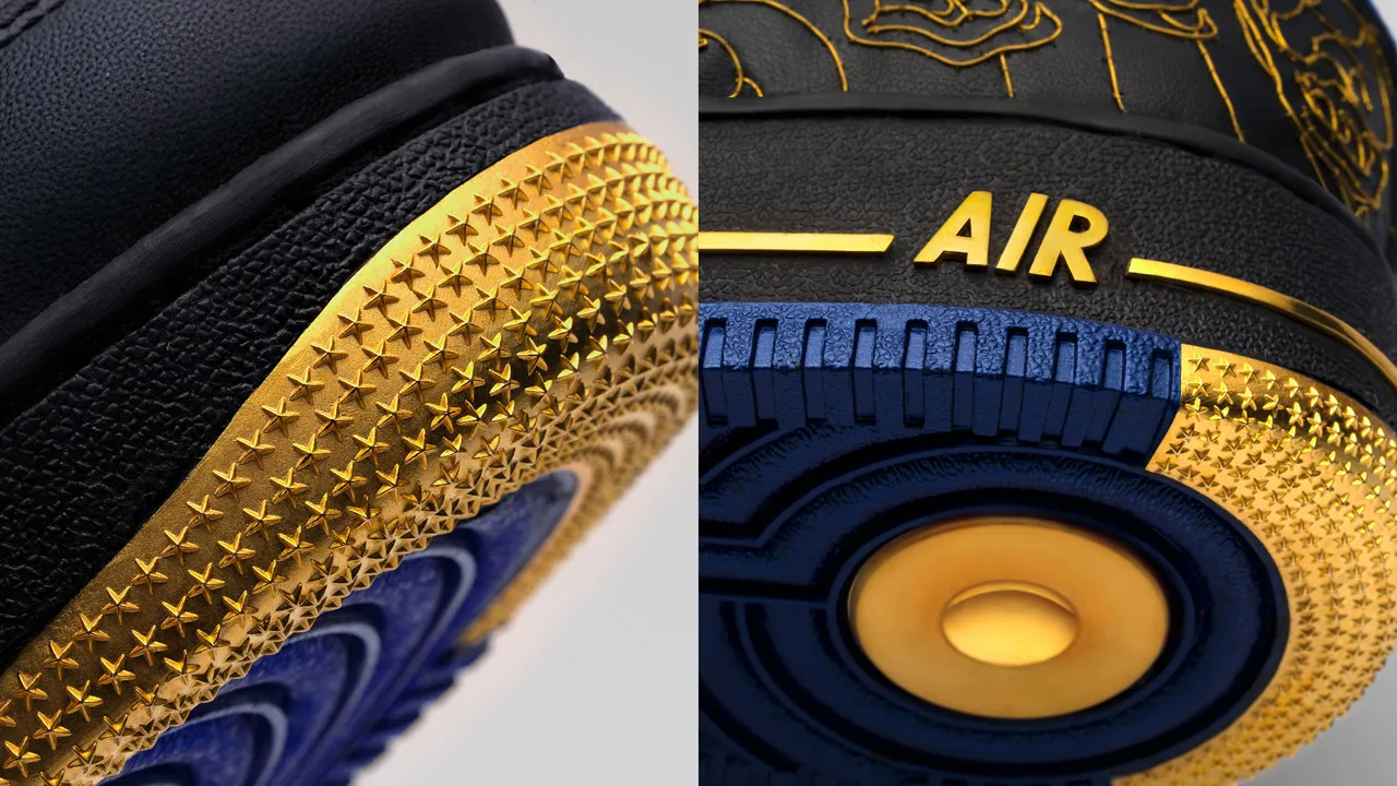 鞋头与后跟近千颗经典星形压纹也以999.9纯金重新铸造。品牌提供