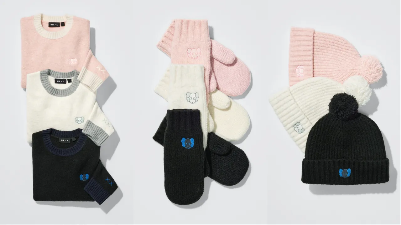 UNIQLO「KAWS WINTER」系列童裝柔軟舒膚針織衫（左起）各890元、HEATTECH針織手套各390元、HEATTECH針織帽各390元。品牌提供