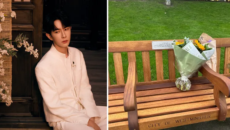 于朦胧纪念长椅在伦敦设立。左图翻摄于朦胧工作室微博，右图翻摄开凤梨罐头(可辅导写作版)小红书