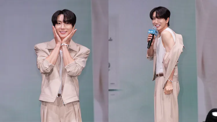 利特今日出席韩国美妆品牌Der28代言记者会，突然公开咕溜香肩。彭欣伟摄