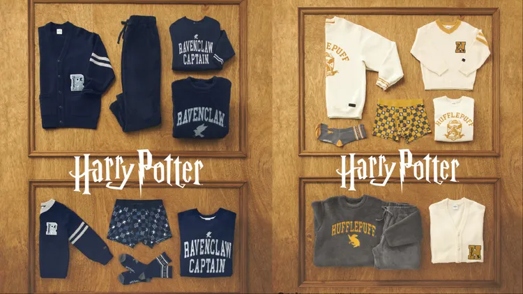 GU《哈利波特》聯名系列的雷文克勞、赫夫帕夫主題系列，採用各學院代表色的藍色、米黃色調。品牌提供