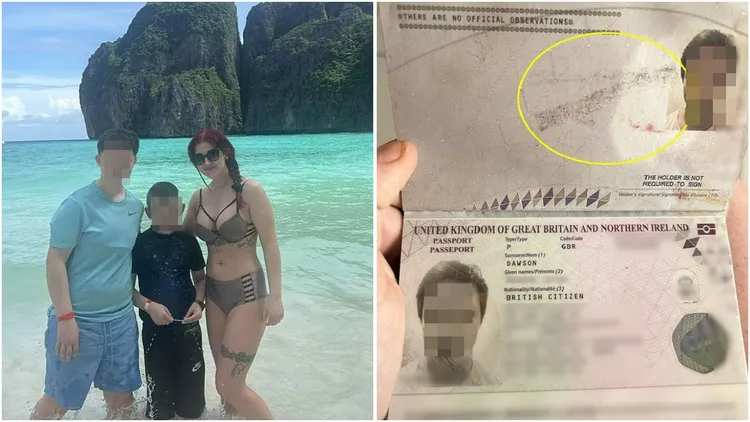 英国苏格兰一名母亲与两名孩子上月初原订飞往泰国普吉岛度假，却遭航空地勤人员以护照上有「行李贴纸残胶」拒登机。翻摄英国《每日邮报》