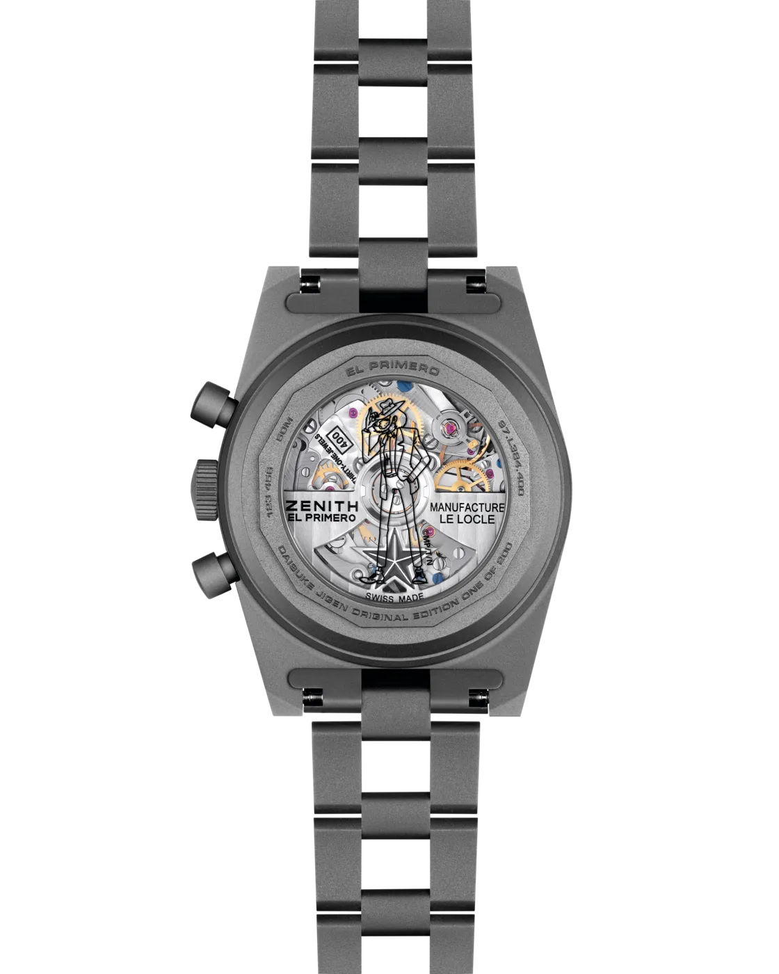 ZENITH CHRONOMASTER Revival Daisuke Jigen次元大介限量版，37mm，微噴砂鈦金屬錶殼，米色錶盤配黑色計時小錶盤，微噴砂鈦金屬「階梯式」錶鍊，El Primero 400自動計時機芯，動力儲存50小時，防水深度50米，限量200只，38萬8500元。品牌提供