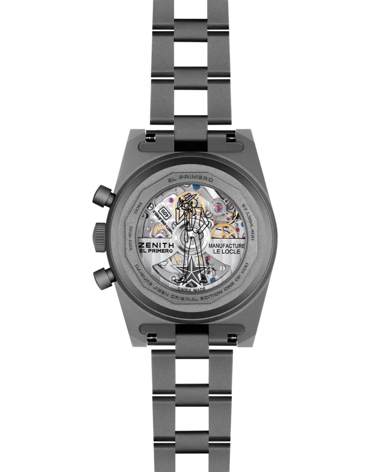 ZENITH CHRONOMASTER Revival Daisuke Jigen次元大介限量版，37mm，微噴砂鈦金屬錶殼，米色錶盤配黑色計時小錶盤，微噴砂鈦金屬「階梯式」錶鍊，El Primero 400自動計時機芯，動力儲存50小時，防水深度50米，限量200只，38萬8500元。品牌提供