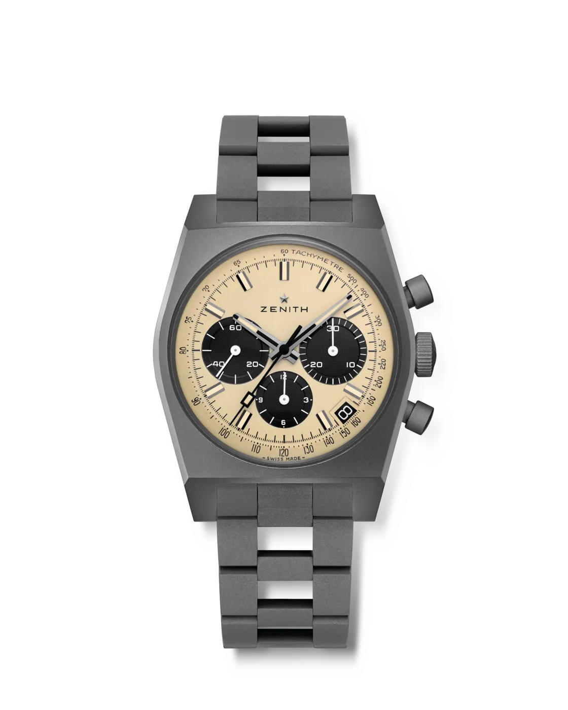 ZENITH CHRONOMASTER Revival Daisuke Jigen次元大介限量版，37mm，微噴砂鈦金屬錶殼，米色錶盤配黑色計時小錶盤，微噴砂鈦金屬「階梯式」錶鍊，El Primero 400自動計時機芯，動力儲存50小時，防水深度50米，限量200只，38萬8500元。品牌提供