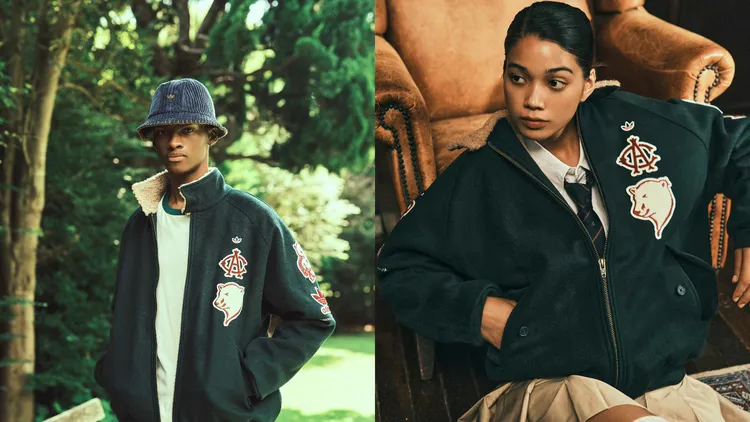 棒球夾克選用人字紋面料搭配羊羔毛內襯，胸前飾有聯名刺繡徽、北極熊圖樣。品牌提供