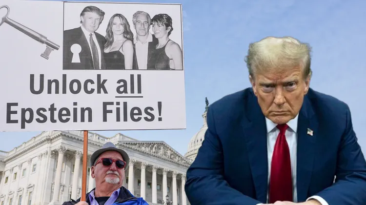 美国总统川普（右）面临MAGA要角带头「造反」的危机。合成画面。图为美国民众举著川普夫妇（小图左一、二）与淫魔艾普斯坦及同伙的照片。美联社