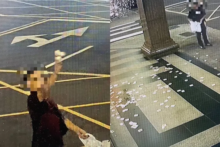 討債集團派出4男1女不斷騷擾飯店，現場撒冥紙、砸雞蛋還拿大聲公廣播「還錢」，2個月內就來了8次。翻攝畫面