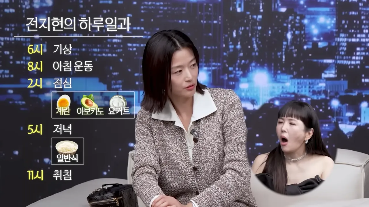 全智賢公開一天的作息，早上6點起床、8點運動、下午2點吃午餐、晚上5點吃晚餐、11點就寢。翻攝YouTube