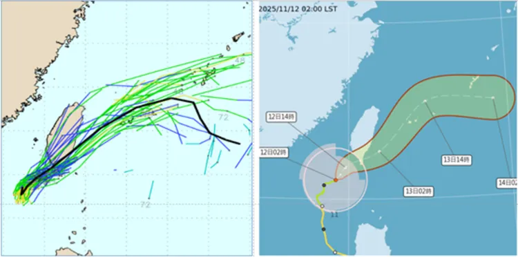歐洲模式與氣象署最新模擬顯示，鳳凰可能從台灣南端通過，登陸點仍存在不確定性。左圖翻攝「weathernerds」