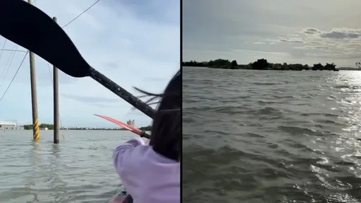 宜兰伯朗大道淹成「大湖」 　父女划独木舟买早餐