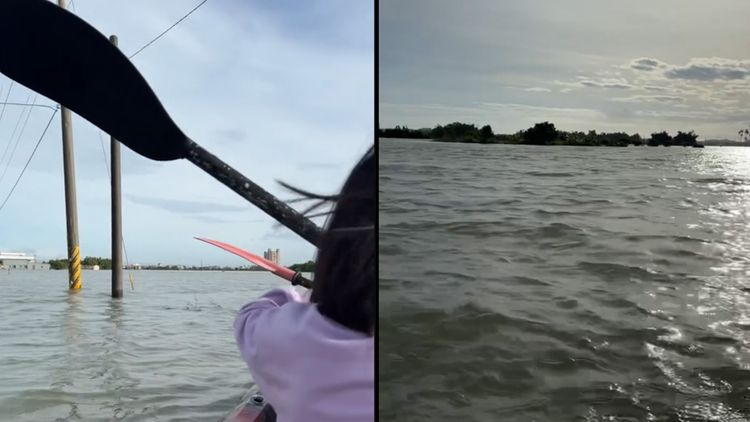 宜蘭伯朗大道淹成「大湖」 父女划獨木舟買早餐