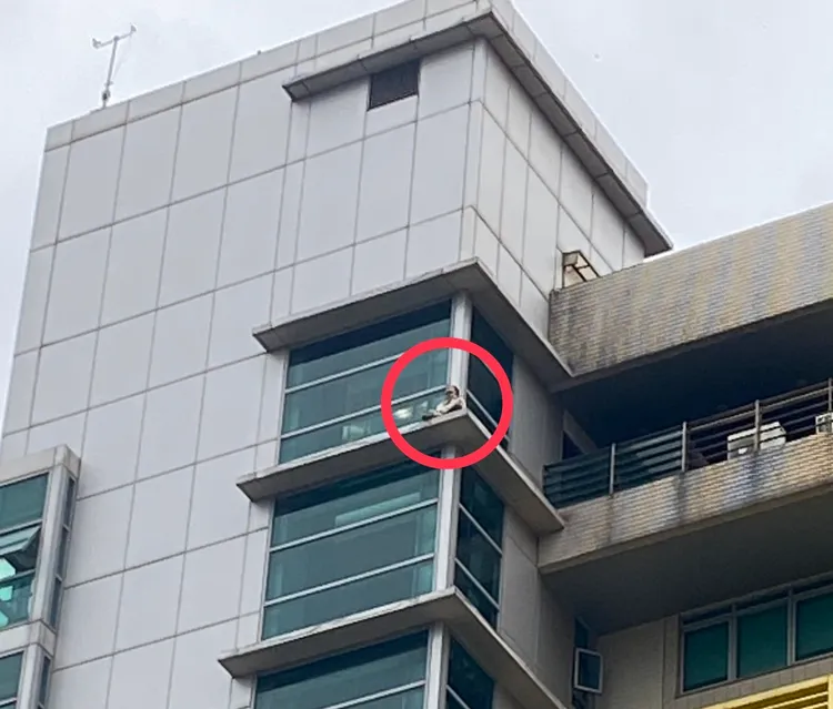 台科大男学生坐在12楼外雨遮，命悬一线相当危急。读者提供