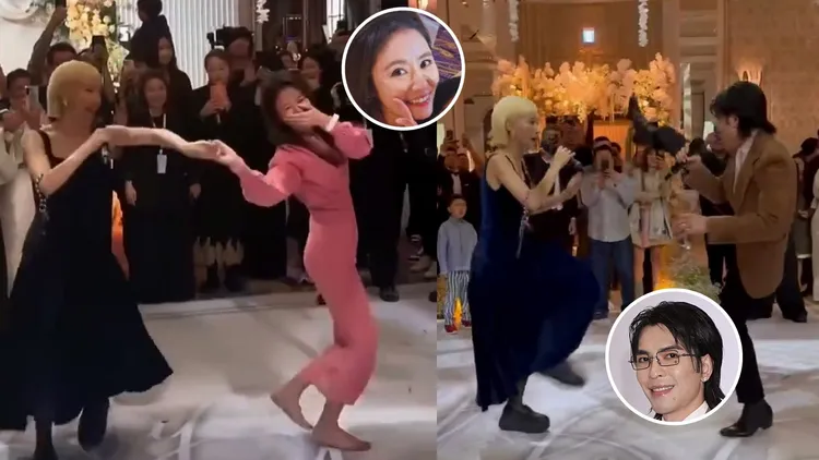 Lulu（左图左）在邱泽、许玮宁婚宴上主持加献唱，带著林心如（左图右）跳舞，和萧敬腾（右图右）一起踢腿，炒热气氛。翻摄Lulu IG