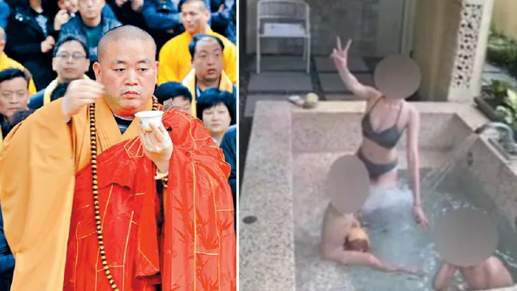 中国官方认证少林寺方丈释永信已遭拘捕（左图），先前释永信被举报疑似与情妇之一与小孩的「天伦照」也曝光。翻摄微博/吃瓜少林寺方丈释永信
