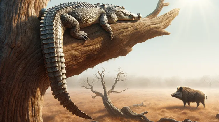 古生物学家发现澳洲一种远古鳄鱼会爬树，盘踞枝头伺机「从天而降」伏击猎物。AI示意图