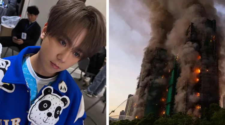 香港人气偶像姜涛（左图）传讯关心并帮助住在宏福苑受灾的粉丝。左图翻摄姜涛微博，右图美联社