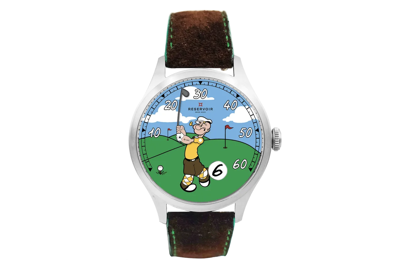 RESERVOIR x Popeye Golf，41.5mm，316L精钢表壳，Popeye高尔夫主题插图表盘，棕色麂皮皮革表带，瑞士制 RSV-240 自动上链机芯，动力储存56小时，防水深度50米，全球限量300只，18万6000元。品牌提供