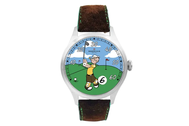 RESERVOIR x Popeye Golf，41.5mm，316L精鋼錶殼，Popeye高爾夫主題插圖錶盤，棕色麂皮皮革錶帶，瑞士製 RSV-240 自動上鍊機芯，動力儲存56小時，防水深度50米，全球限量300只，18萬6000元。品牌提供