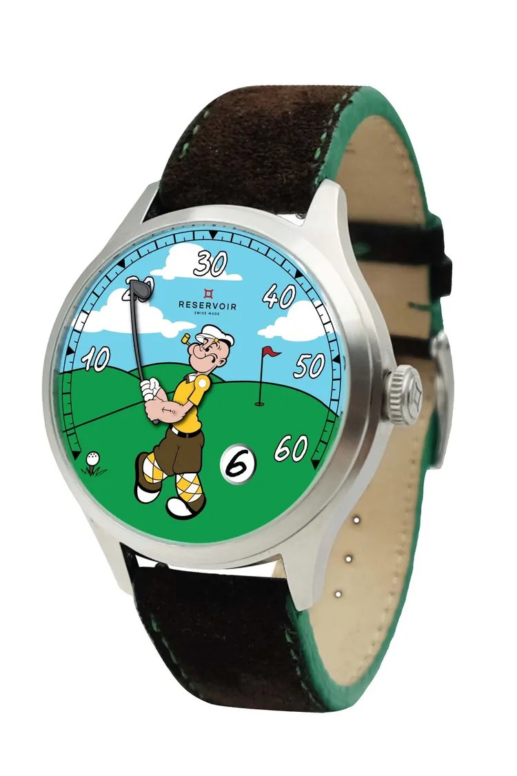 RESERVOIR x Popeye Golf，41.5mm，316L精鋼錶殼，Popeye高爾夫主題插圖錶盤，棕色麂皮皮革錶帶，瑞士製 RSV-240 自動上鍊機芯，動力儲存56小時，防水深度50米，全球限量300只，18萬6000元。品牌提供