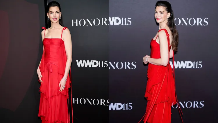 安海瑟薇换上Valentino经典复古红裙。品牌提供、翻摄安海瑟薇IG