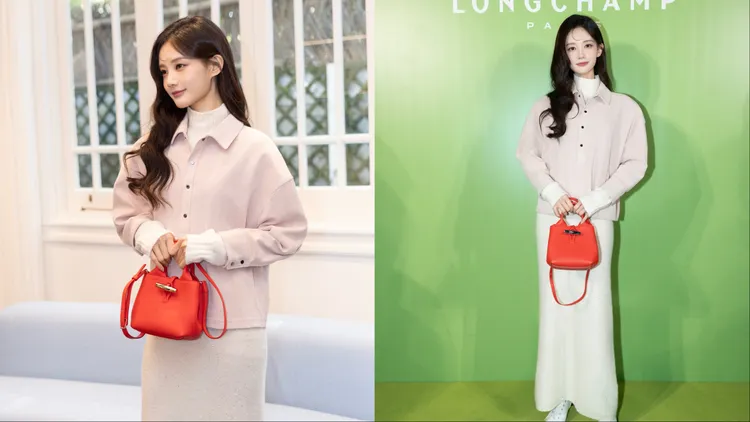 品牌大使李一桐以淺色造型搭配紅色竹節包亮相。品牌提供