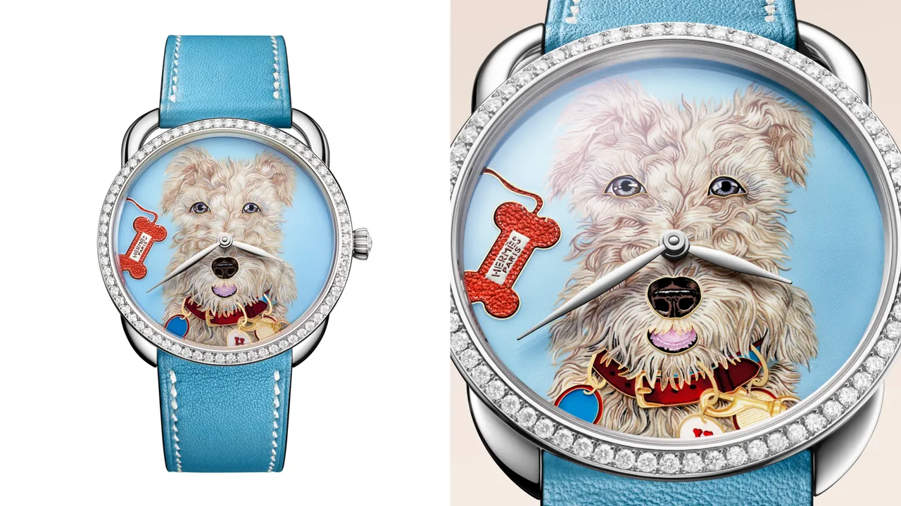 爱马仕Taco腕表，38mm，白K金表壳，珐瑯与皮革工艺表盘，牛仔蓝色Swift小牛皮表带，爱马仕自制H1912自动上链机械机芯，动力储存50小时，防水深度30米，限量24只，409万5000元。品牌提供