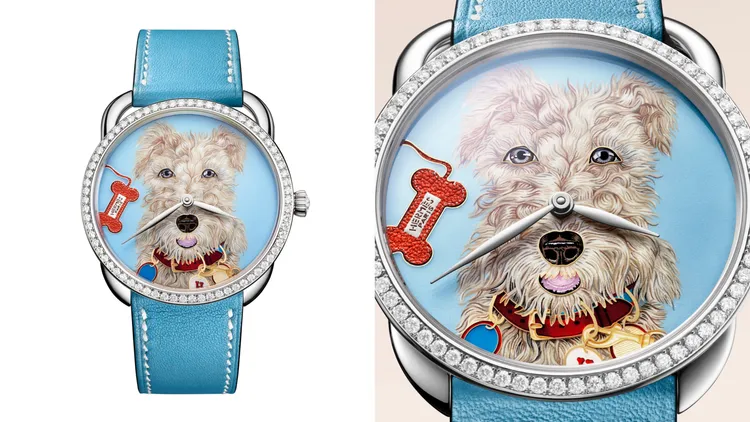 愛馬仕Taco腕錶，38mm，白K金錶殼，琺瑯與皮革工藝錶盤，牛仔藍色Swift小牛皮錶帶，愛馬仕自製H1912自動上鍊機械機芯，動力儲存50小時，防水深度30米，限量24只，409萬5000元。品牌提供