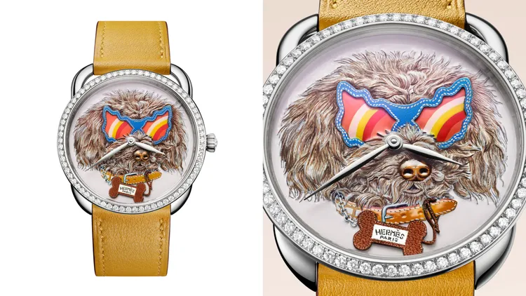 愛馬仕Amy腕錶，38mm，白K金錶殼，鐫刻、微繪與皮革工藝錶盤，琥珀色Swift小牛皮錶帶，愛馬仕自製H1912自動上鍊機械機芯，動力儲存50小時，防水深度30米，限量24只，341萬2000元。品牌提供