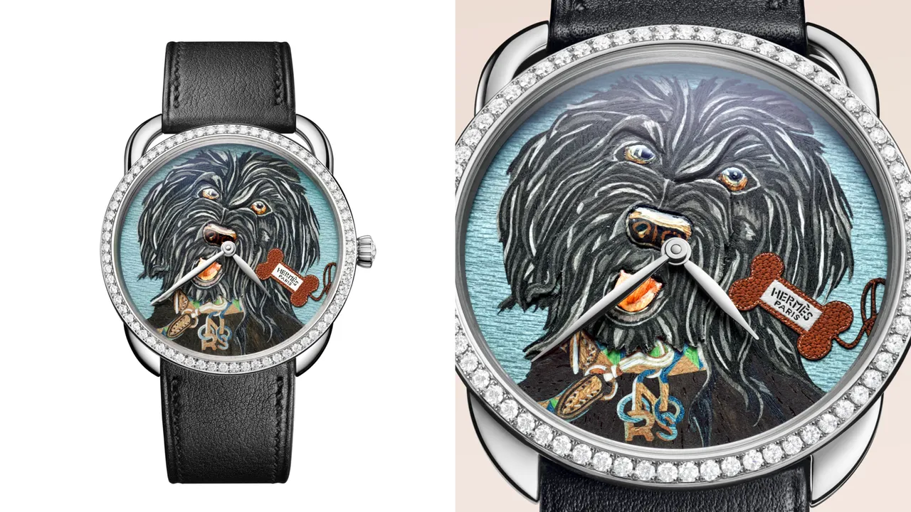 爱马仕Orson腕表，38mm，白K金表壳，木片镶嵌与皮革工艺表盘，黑色Swift小牛皮表带，爱马仕自制H1912自动上链机械机芯，动力储存50小时，防水深度30米，限量12只，375万4000元。品牌提供