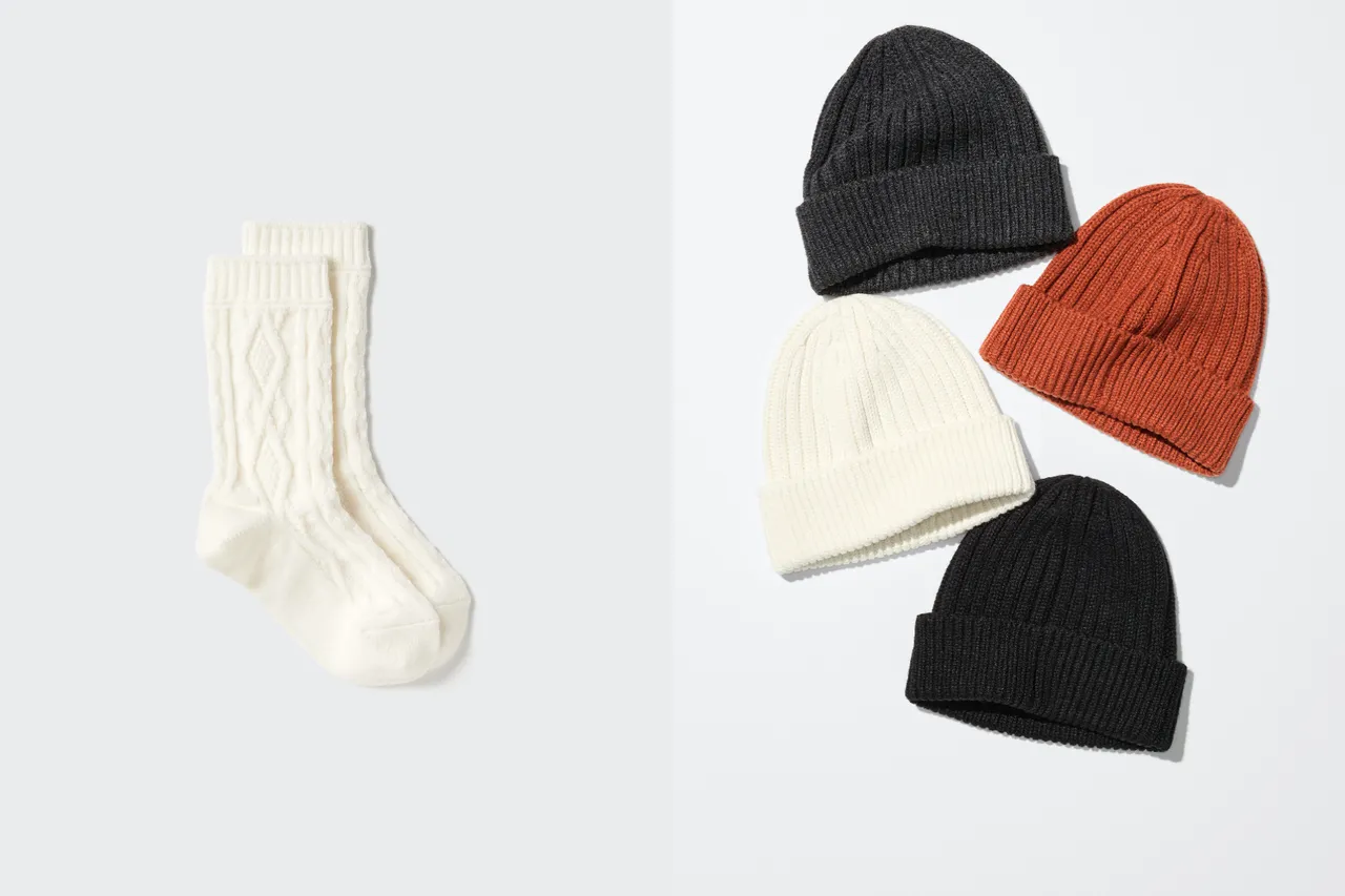 UNIQLO HEATTECH襪子（左）190元、HEATTECH羅紋毛帽（右）各390元。品牌提供