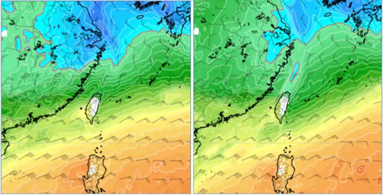 最新（13日20时）欧洲模式（ECMWF）模拟下周三（19）2时850百帕温度图（左），与前一天同时间模拟图（右）对比显示，南下台湾的冷空气略调弱。气象应用推广基金会