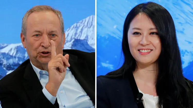 前哈佛校長薩默斯（左）超哈中共高官女兒金刻羽（右）。美聯社、路透