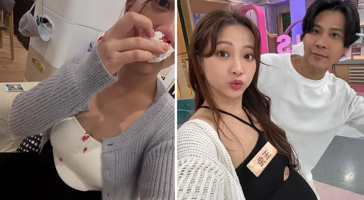 女星玉兔预计再2个星期就要生了，昨天被气到流鼻血（左图），老公（右图右）看到吓呆。翻摄玉兔Threads及IG