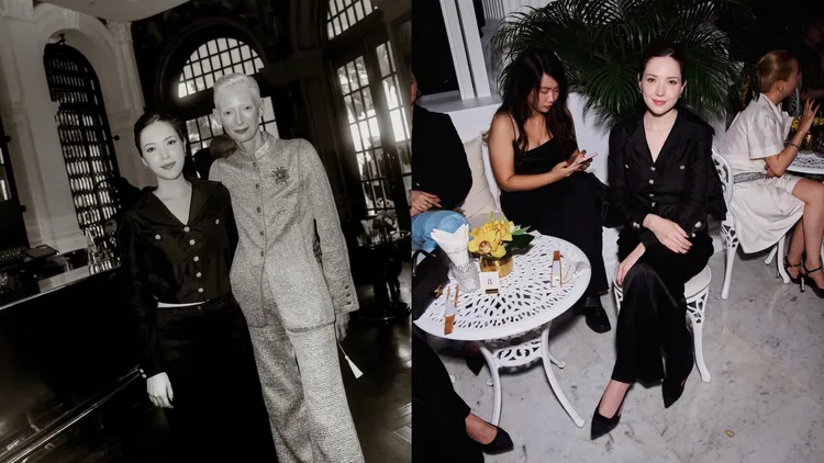许玮宁（左图左、右图）新加坡赏香奈儿秀，合影「时尚仙人」蒂妲史云顿。翻摄IG