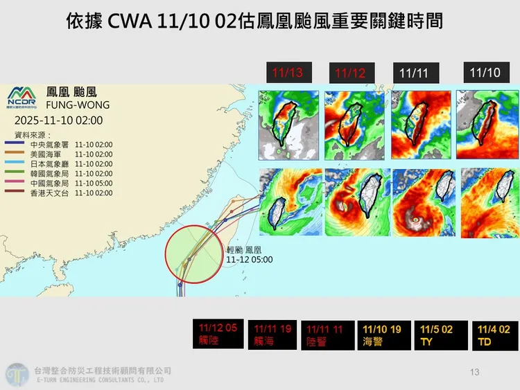 鳳凰暴風圈預計在後天（12日）清晨接觸台灣，屆時強度將減弱為輕度颱風。翻攝賈新興臉書