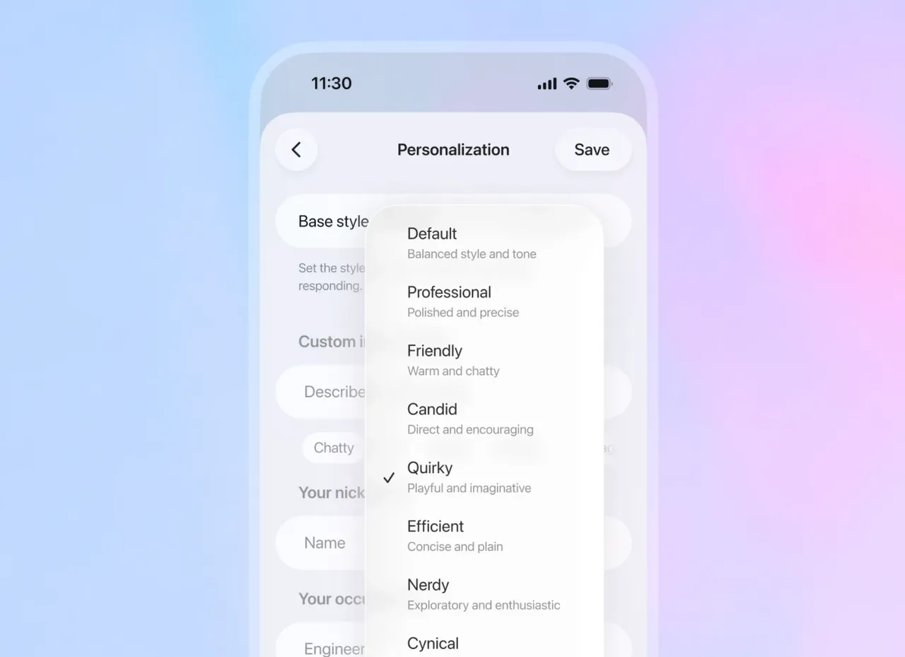 ChatGPT新加入的语气风格客制化页面，使用者可在设定中自由选择多种回应风格，让AI的语气更贴近个人偏好。OpenAI