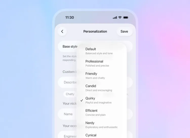 ChatGPT新加入的語氣風格客製化頁面，使用者可在設定中自由選擇多種回應風格，讓AI的語氣更貼近個人偏好。OpenAI