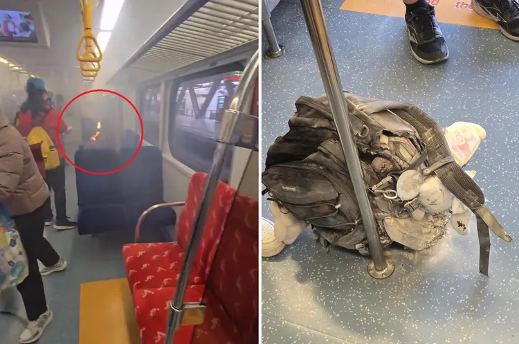 台铁区间车行经台中潭子区时旅客背包内的行动电源突自燃起火，民众以灭火器扑灭火势，背包已被烧毁。翻摄Threads/tw.tra.train.flight.pig