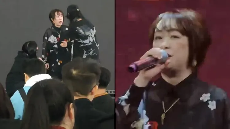 大槻真希演唱到一半，突然被断电要求下台，张大嘴巴不敢相信此事。翻摄自X