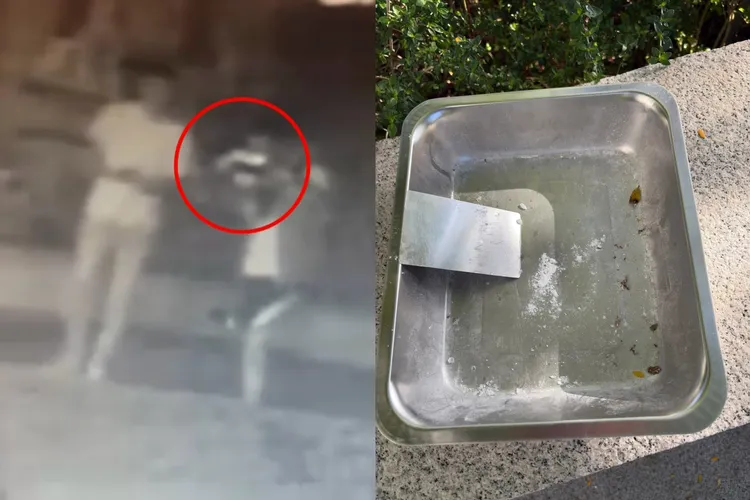 唱完KTV的一群男女走到一旁豪宅後門花圃，直接拿出K盤分享(圖左)，嗨完後居然將犯罪工具丟在現場(圖右)，上面還遺留卡片與K他命粉末殘渣。翻攝自林口大家庭臉書